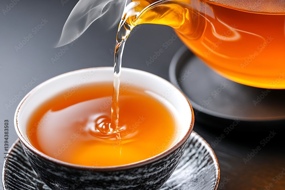 A cup is filled with warm golden tea from the pot