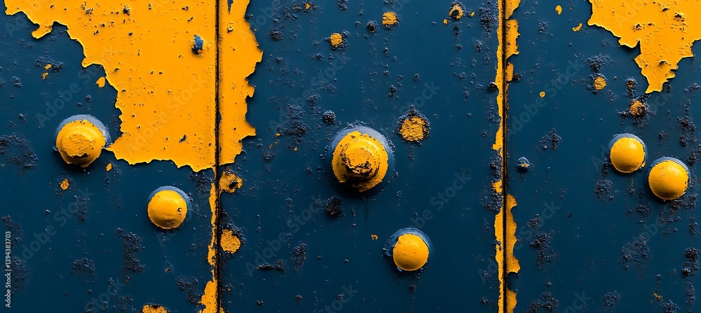 Detailed view of weathered blue and yellow industrial texture
