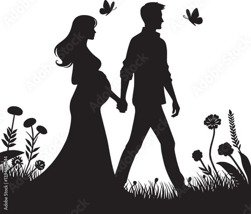 Graceful silhouette of an expecting couple walking in a forested landscape for health and bonding.
