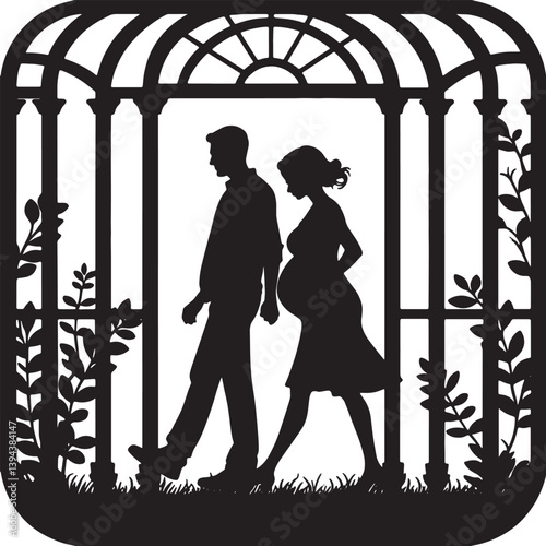 Pregnant couple walking through nature in a stylized black-and-white silhouette design.