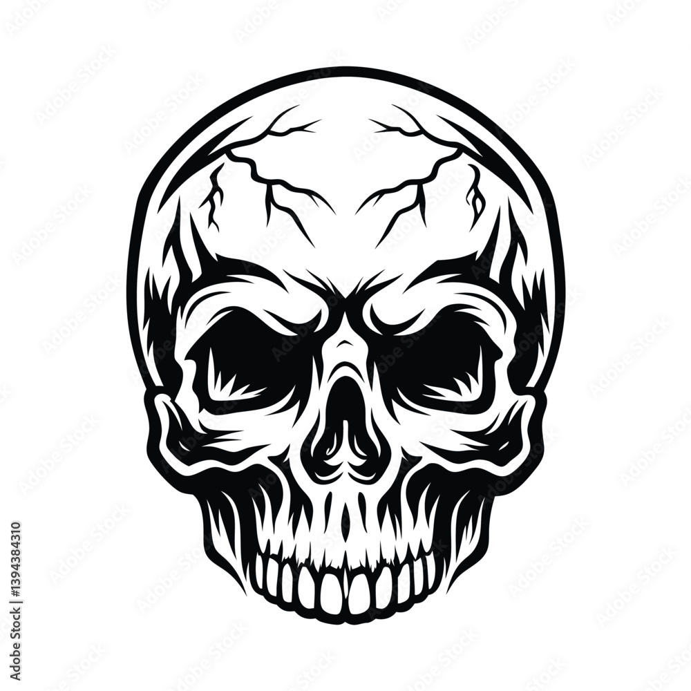 Fototapeta premium Stylized Skull Illustration, Black Outline, White Background, Skull Anatomy, Skull Art