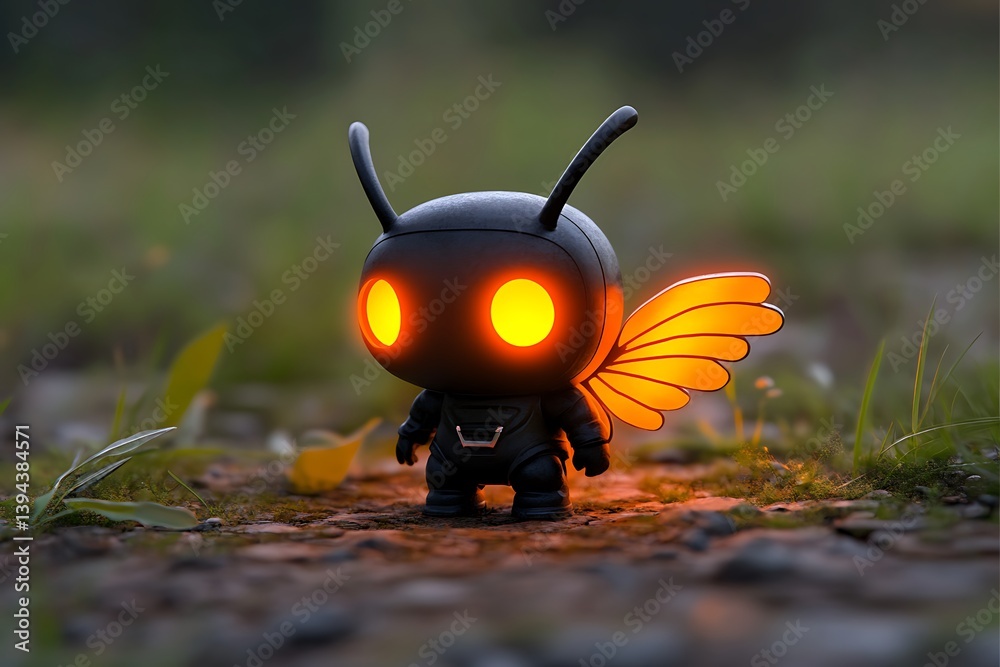 A small cartoon figure with illuminated eyes and glowing wings