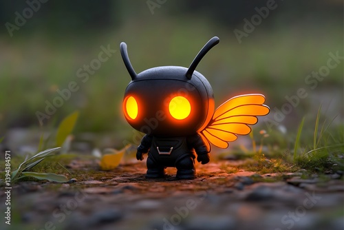 Obraz na płótnie A small cartoon figure with illuminated eyes and glowing wings w salonie