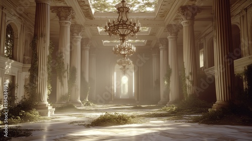 A grand classical estate with towering columns, its opulent chandeliers covered in dust, nature reclaiming the marble floors.