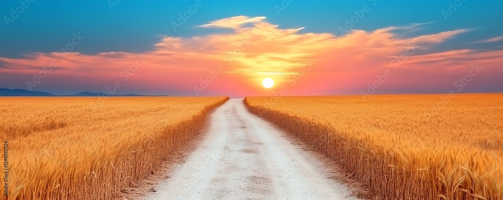 A dirt road leads toward the setting sun over a field of grain