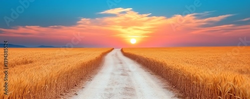 Obraz na płótnie A dirt road leads toward the setting sun over a field of grain w salonie