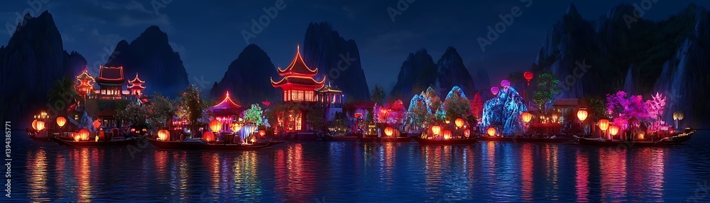 Obraz premium Floating Chinese Village at Night, Illuminated by Lanterns, Scenic View