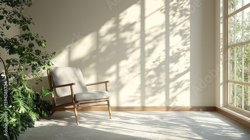 Minimalist living room with sunlight streaming through a large window, casting shadows on the beige wall and carpet. A light gray armchair sits in the corner next to a potted plant.