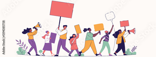 Colorful Illustration of Diverse Group of People Protesting with Banners and Megaphones in Peaceful Activist March for Social Change and Equality