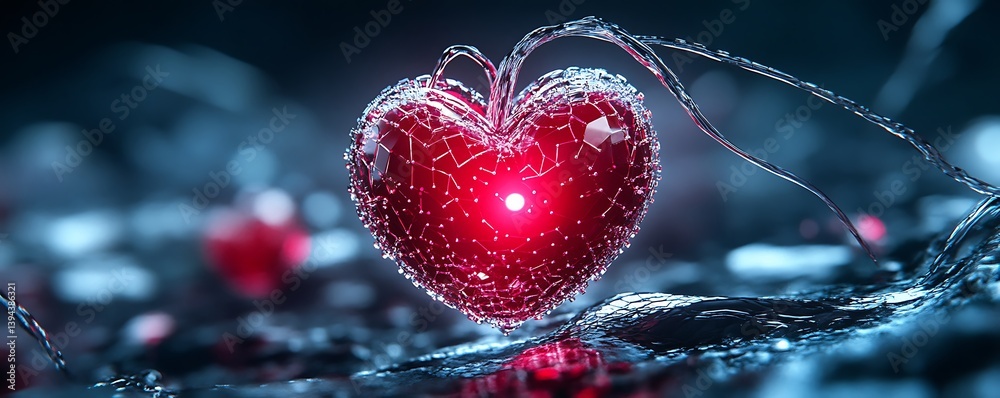 Glowing red heart shape surrounded by water with abstract design