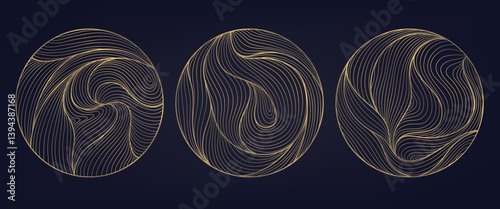 Vector set of abstract line circle luxury logos, art deco golden organic wave signs. Round water shape, royal oriental graphic design.