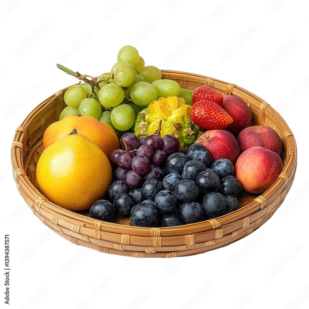 Fresh assorted fruits including grapes, apples, and strawberries in a wicker basket, isolated on transparent background, cutout png Fresh assorted fruits including grapes, apples, and strawberries in a wicker basket, isolated on transparent background, cutout png