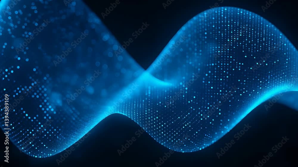 Abstract Blue Digital Waves with Glowing Particles Flowing Through Dark Background

