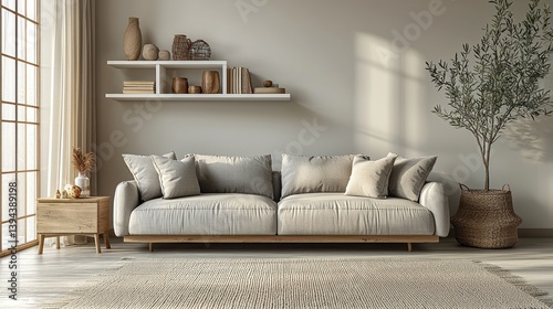 Modern, minimalist living room with a light beige sofa, wooden furniture, and a shelf with decorative items. Sunlight streams through large windows. Neutral color palette.