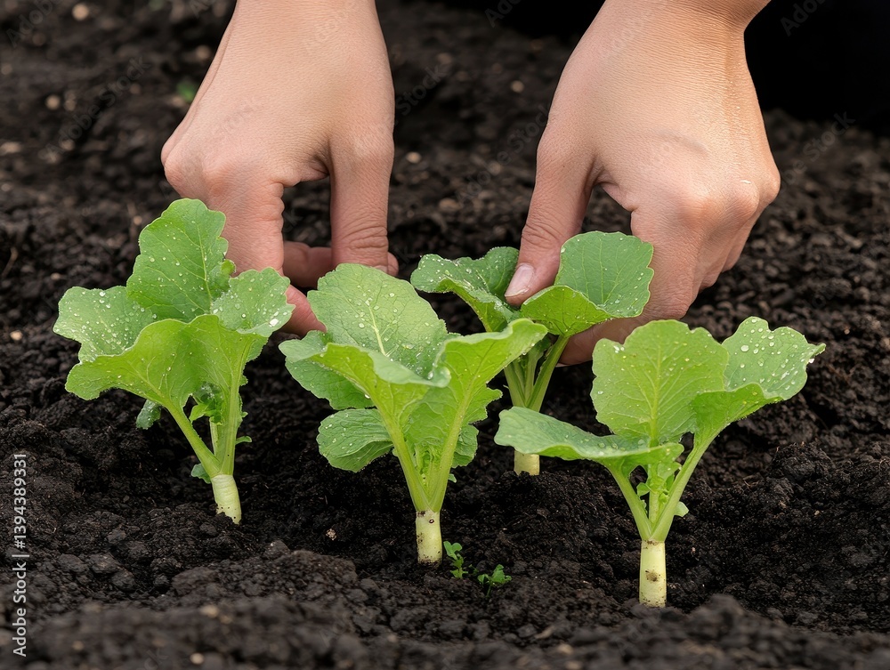 Hands Planting Green Seedlings in Dark Soil of a Garden Promoting Sustainable Agriculture and Healthy Food Production With Focus on Organic Gardening Hands Planting Green Seedlings in Dark Soil of a Garden Promoting Sustainable Agriculture and Healthy Food Production With Focus on Organic Gardening