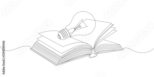 Creative Knowledge Concept – Light Bulb on Open Book Line Art Illustration eps 1