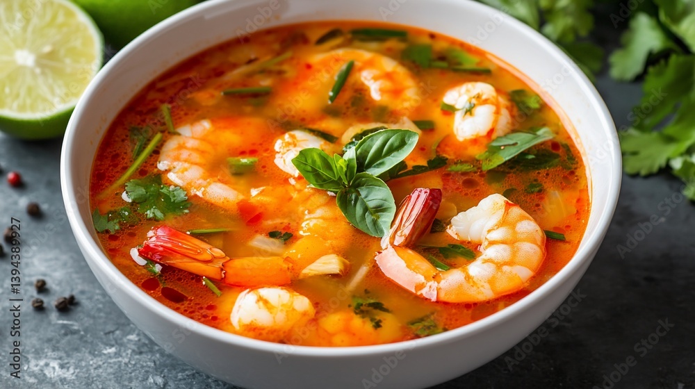 Bowl of vibrant Tom Yum soup, showcasing shrimp, vegetables, and herbs Bowl of vibrant Tom Yum soup, showcasing shrimp, vegetables, and herbs