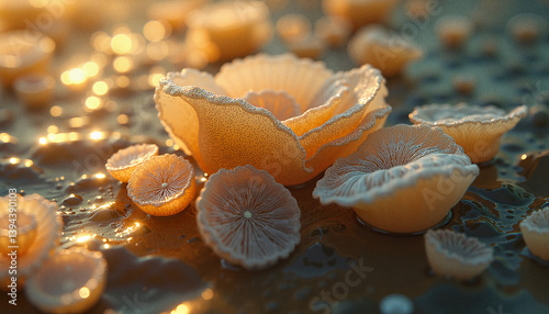 Delicate orange flowers blooming on a shimmering surface  