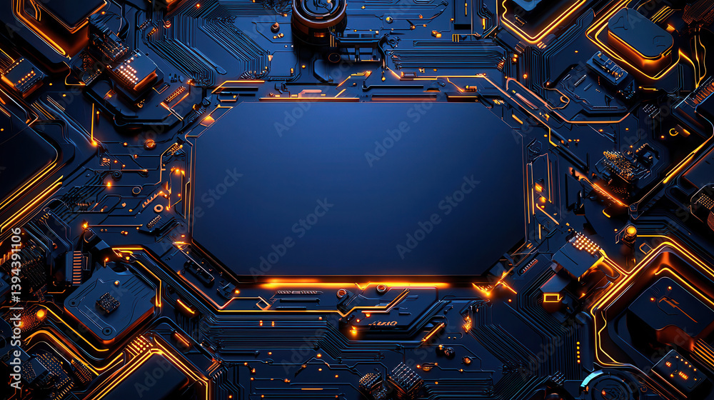 Fototapeta premium Futuristic navy blue circuit board with glowing orange neon accents, showcasing central blank space for text or design