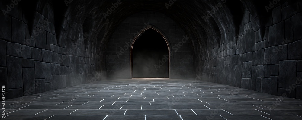 A dark stone arched hallway with an open doorway at the end
