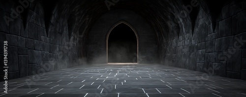 Obraz na płótnie A dark stone arched hallway with an open doorway at the end w salonie