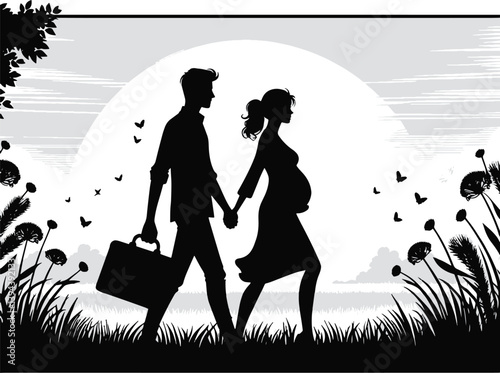 Peaceful maternity walk in nature with a couple captured in a minimal silhouette art style.
