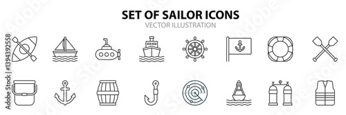  Sailor Line Icon Set Vector, Nautical and Harbor - Thin Line Icons
