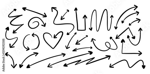 Hand Drawn Curved and Decorative Arrow. A collection of 26 playful hand drawn arrows including curly swirls loops hearts zigzags and directional markers perfect for creative and casual layouts