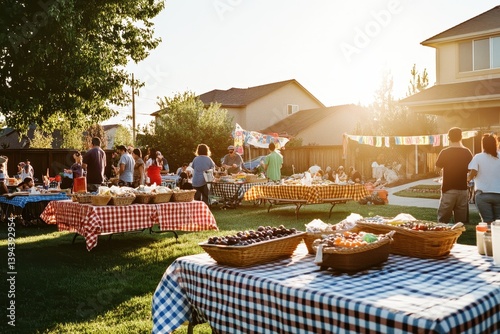 Outdoor Party Featuring Plaid Tables and Diverse Food Selection in a Sunny Backyard with a Cheerful Atmosphere and Gathering of People on Green Lawn photo