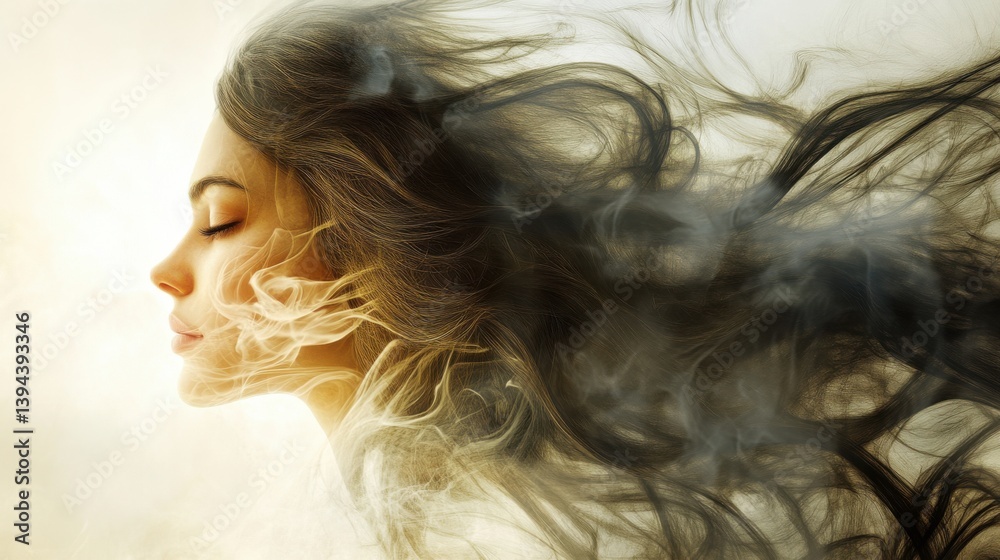 Fototapeta premium A serene profile of a woman with flowing hair, surrounded by wisps of smoke, conveying a sense of tranquility and dreaminess.