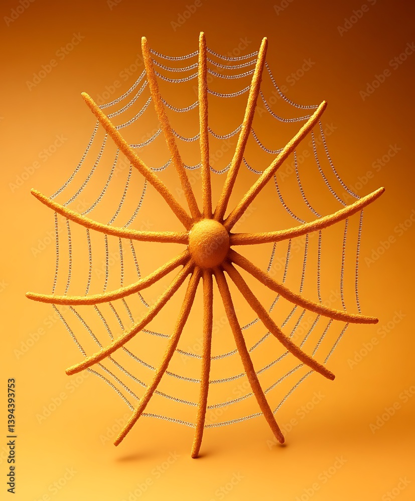 A stylized spider with web radiating on an orange background