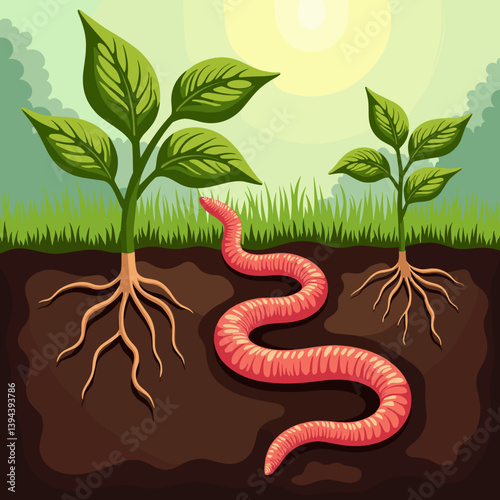 Worm interacting with plants in rich soil under sunlight  