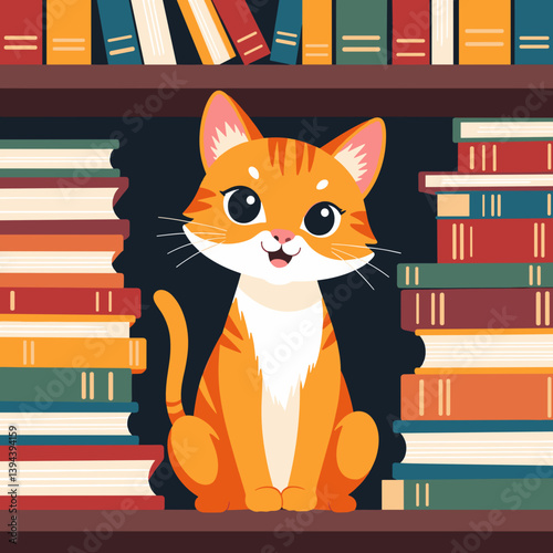 Cute orange cat sitting among colorful books on a shelf  