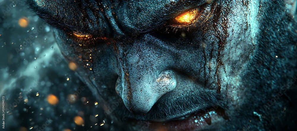 A close up of a frightening creatures face with glowing eyes