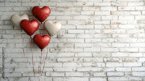 Red and beige heart-shaped balloons against a white brick wall.
