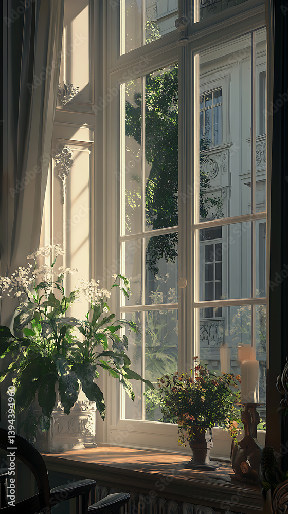 Obraz premium Sunlight streams through a vintage window, illuminating a room