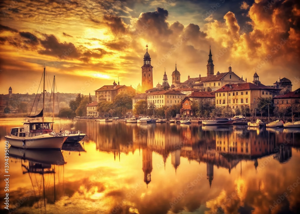 Naklejka premium Nostalgic Lakeside Urban Scene A Vintage Photograph Captures the Charm of a Retro City by the Water