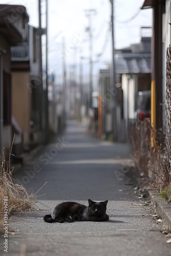 Black Cat Resting in Narrow Alleyway Peaceful Scene