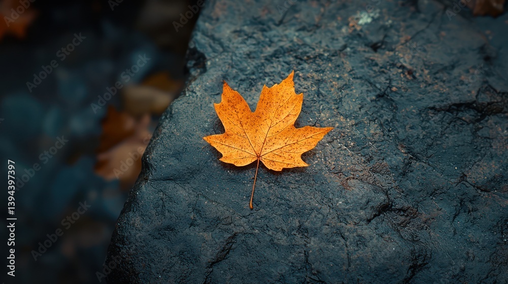 Single autumn leaf resting on dark rock. Single autumn leaf resting on dark rock.