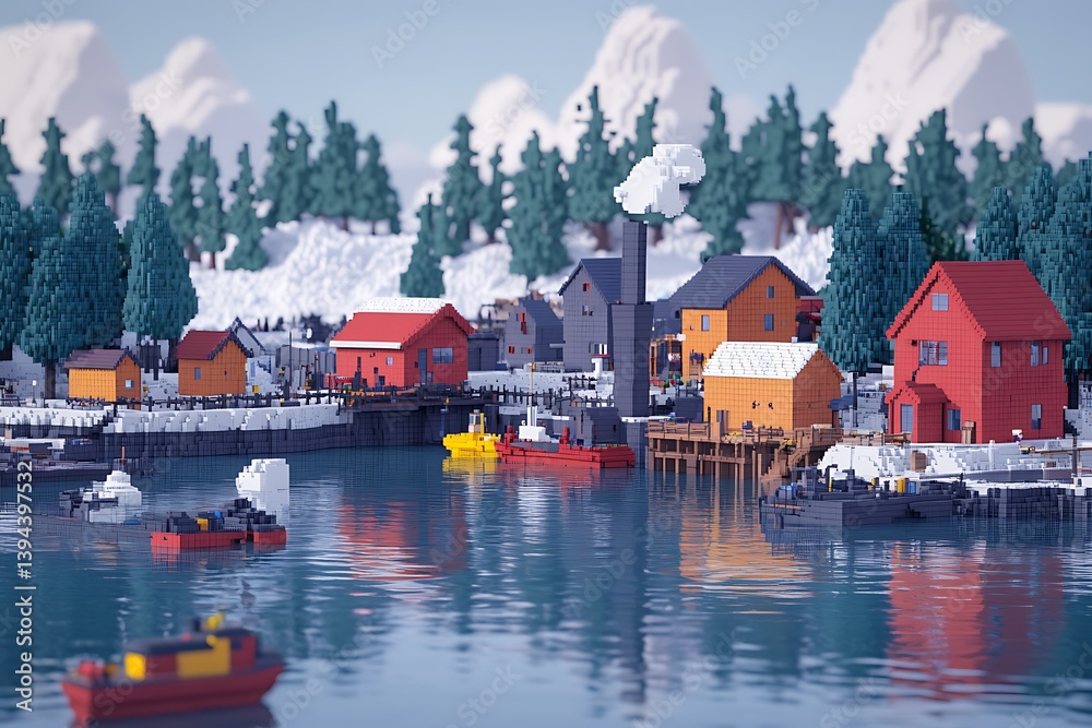 A pixelated harbor town scene with snowy mountains and boats