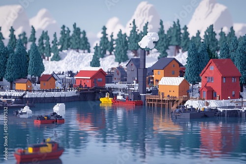 Obraz na płótnie A pixelated harbor town scene with snowy mountains and boats w salonie