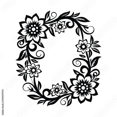 Flower Wreath Silhouette, Floral Frame, Black & White Design, Swirls, Leaves, Elegant, Nature
