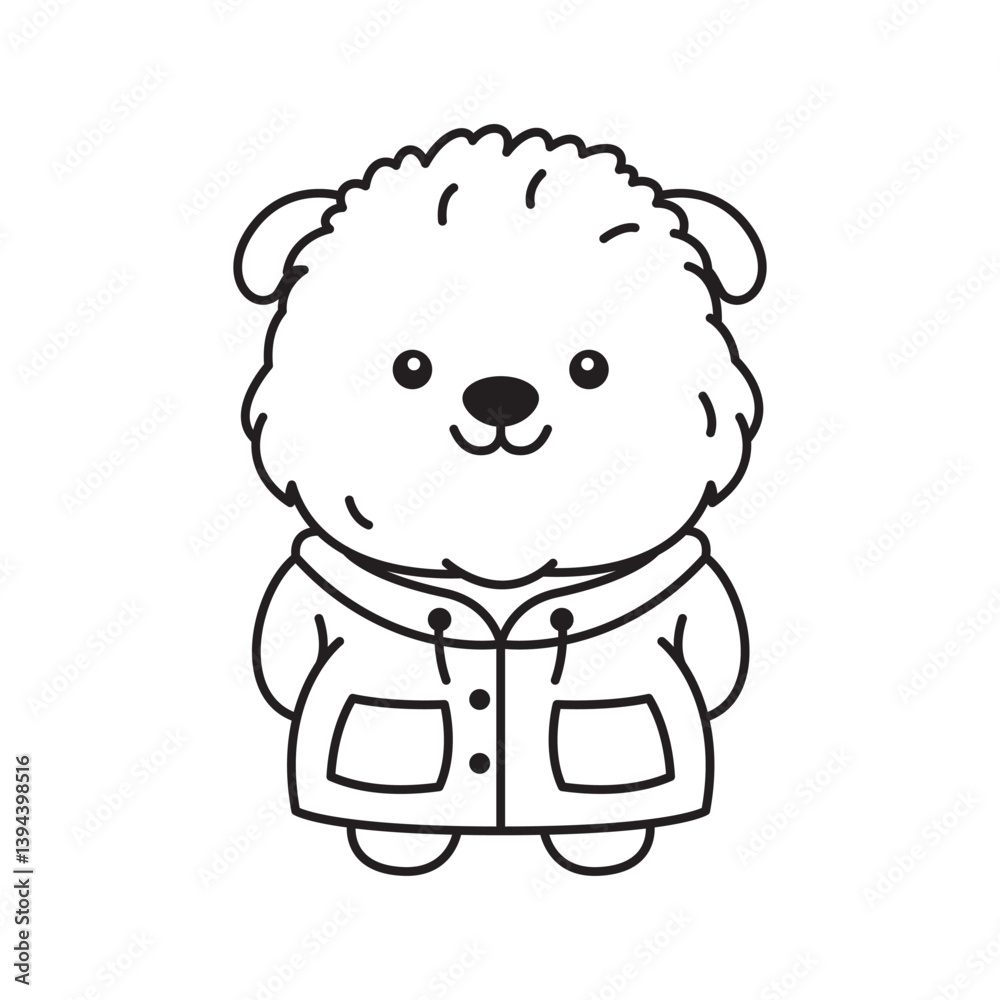 Cute Furry Puppy Little Dog Pet Animal Cartoon Character Wearing Jacket Coat in Line Art Design Cute Furry Puppy Little Dog Pet Animal Cartoon Character Wearing Jacket Coat in Line Art Design