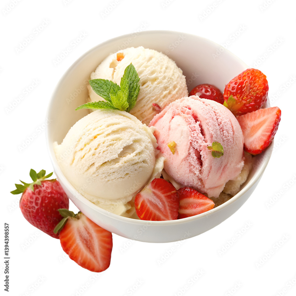 Ice cream with strawberries on white bowl top view isolated on white background Ice cream with strawberries on white bowl top view isolated on white background