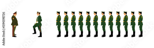 Army general officer in uniform against troops saluting vector illustration isolated. Russian marshal. Patriot soldier military commander. Marsh ceremonial procession. Military parade brave hero man.