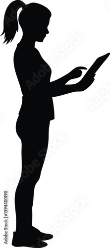 silhouette of woman with ponytail using tablet in profile view