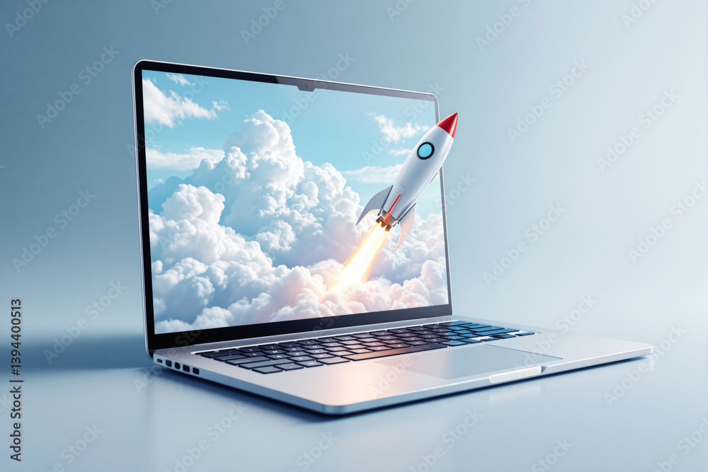 Laptop with a rocket launching from its screen, symbolizing startup growth and innovation.