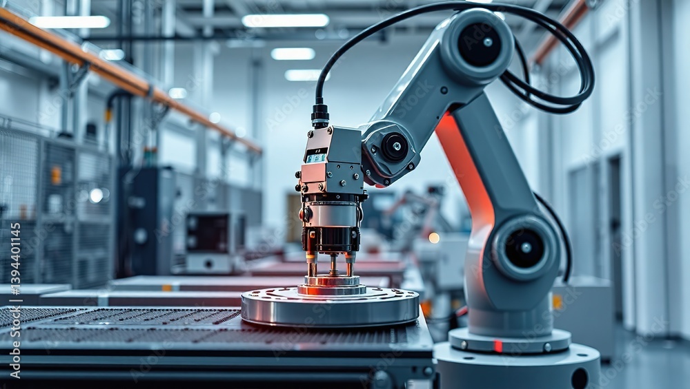Fototapeta premium Industrial Robot Arm Precision Assembly in a Modern Factory