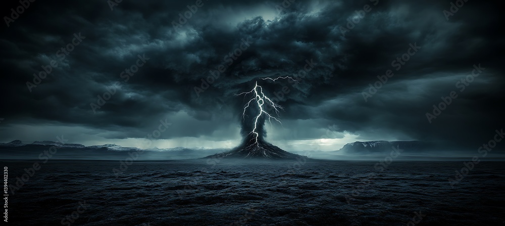 An ominous dark storm over a mountainous terrain and the ocean