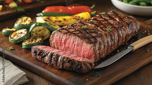 A sliced steak revealing its pink, tender center, surrounded by grilled vegetables like zucchini and bell peppers on a wooden platter with a knife and fork.
